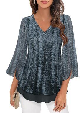 Women's Tops Meteor Black 3/4 Sleeves Floral Shirts Double Layers V Neck Blouses